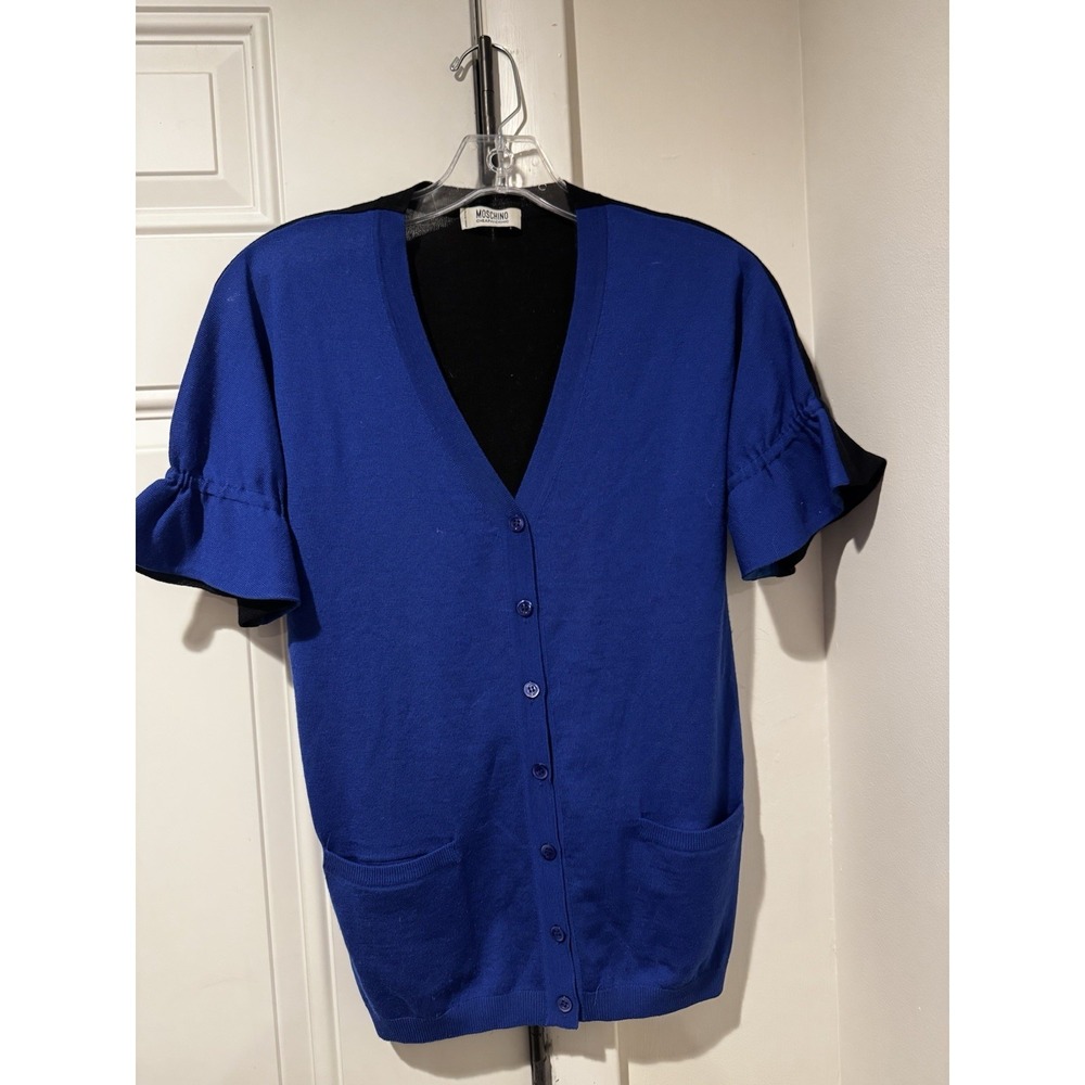 Vintage Moschino Cheap And Chic Women's Blue‎ Black Wool SS Cardigan Sz 4 Y2K